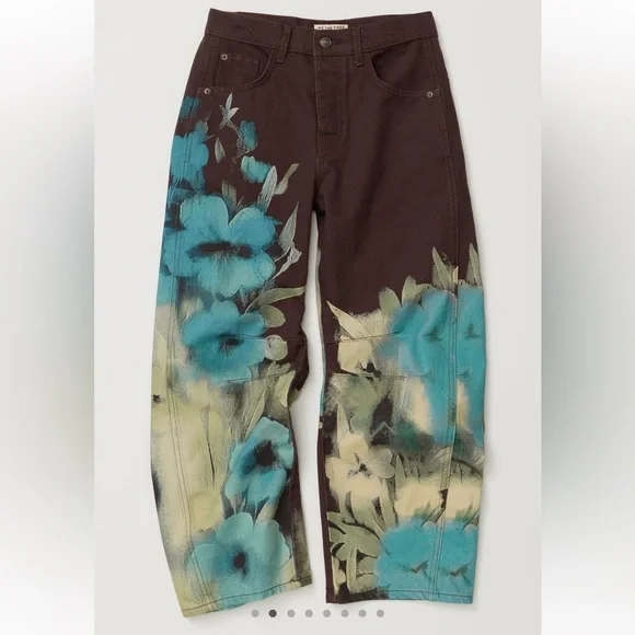 Free People We The Free Good Luck Printed Barrel Jeans Washed Floral - Picture 2 of 6